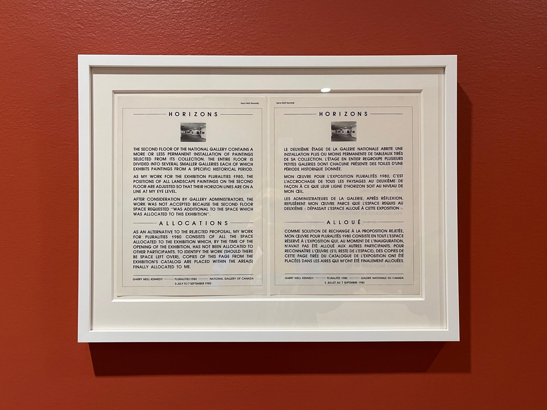 Horizons Allocations, original text by Gary Neil Kennedy from Pluralities 1980. Framed on the gallery wall.