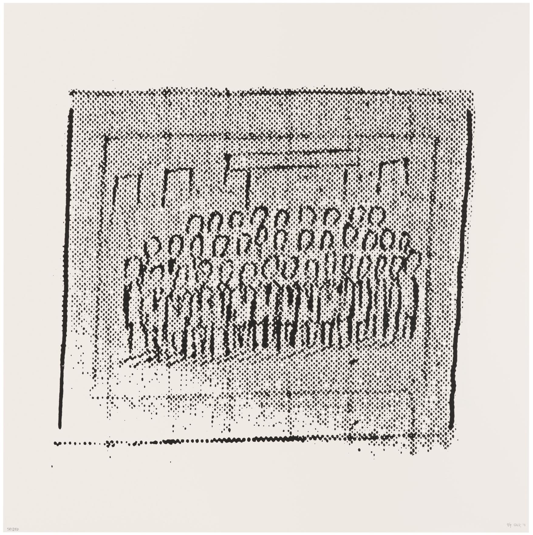 A group of faceless stick figures gather for a class photo conveyed as a black dot matrix print on cream coloured paper.