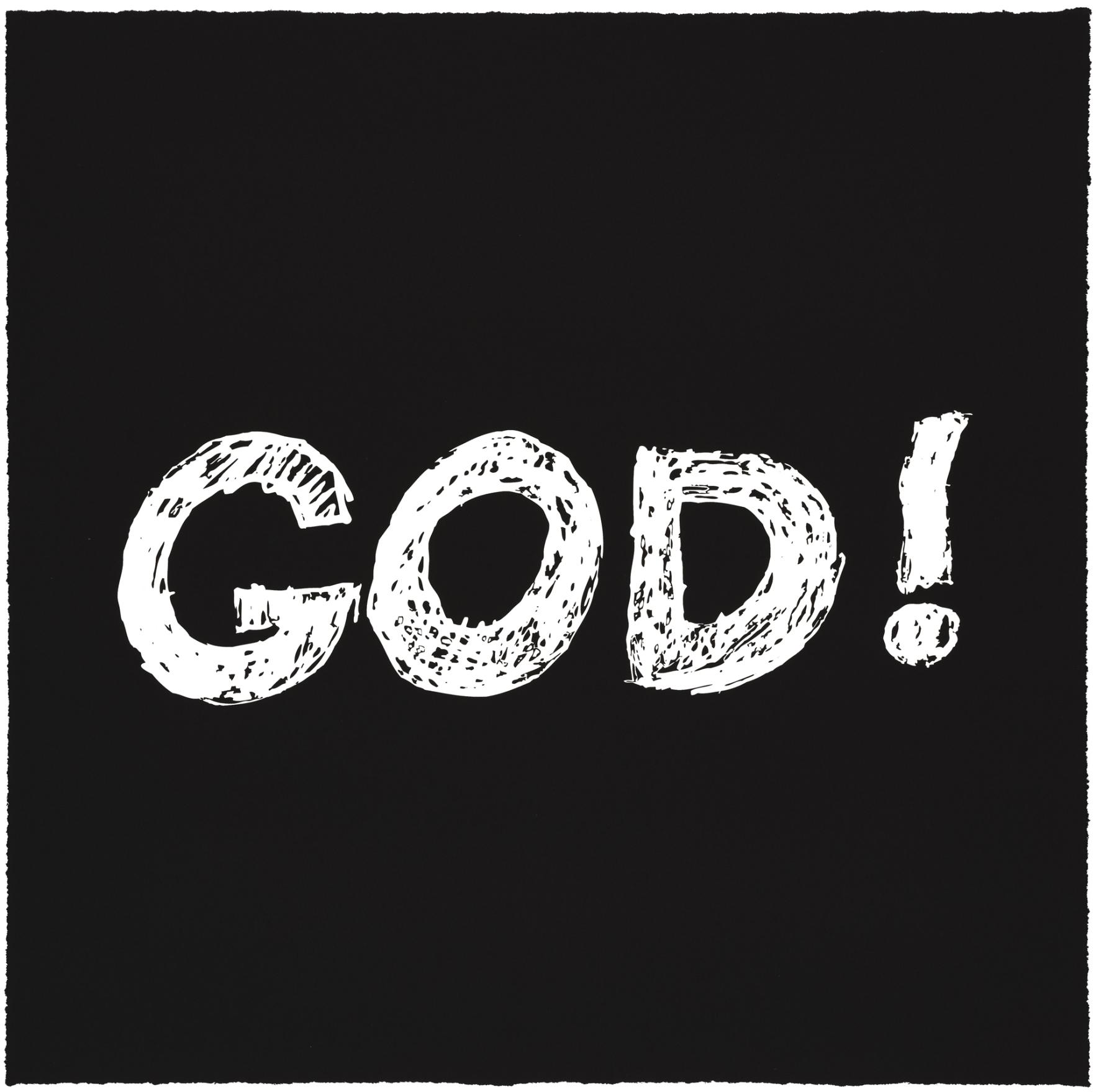 GOD! is written in hand sketched white block letters against a black background.