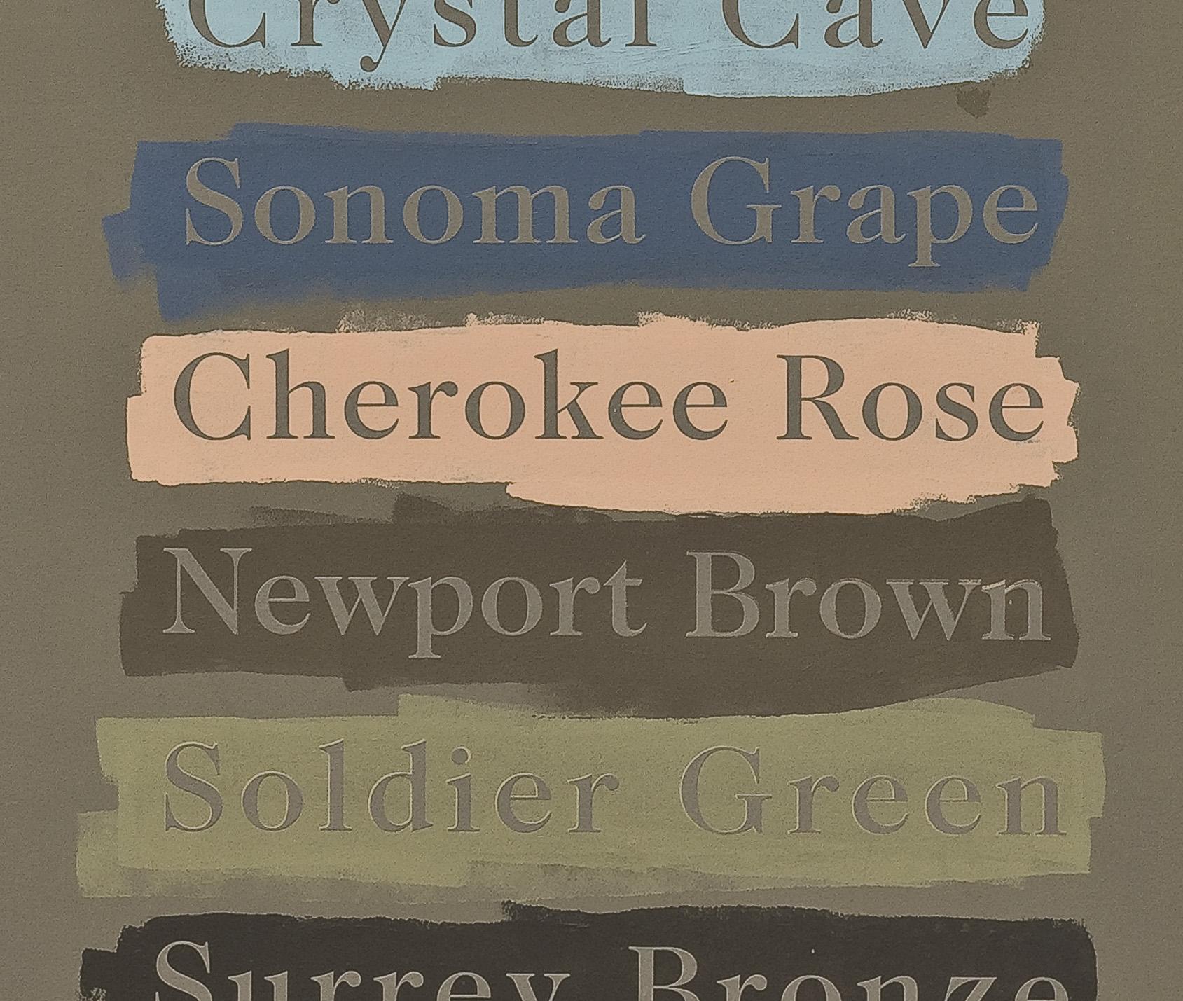 A close up of a longer list of paint names painted on a murky brown green background. Each name has been stencilled on using the colour of the paint itself. From top to bottom: Crystal Cave in light blue, Sonoma Grape in blueberry blue, Cherokee Rose in peachy pink, Netport Brown in mossy brown, Soldier Green in light khaki, Surry Bronze in brown black. 