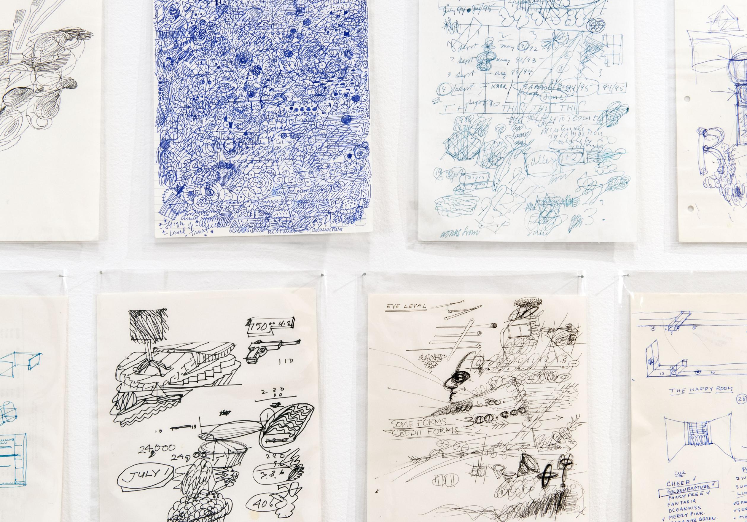  a close up of sheets of paper pinned to the wall in plastic sleeves each loaded with hand drawn scribbles. Top left the page is heavy with spirals of blue ink, the next page holds numbers and notes in a greenish ink, the below two pages hold dates, concentric patterns and doodles of  a gun, a face in profile, a few nails.  