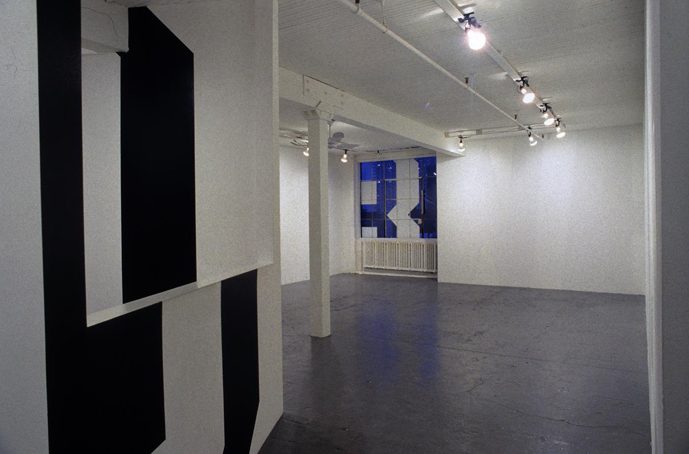  The white walls of an otherwise empty gallery are painted with gloss black and white lettering which stretches from floor to ceiling. On the closest wall on the left the letters are in black on the white wall, further into the gallery the text switches to white on white as it continues to wrap around the circumference of the space and across the large window. 