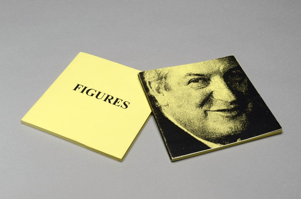 Two yellow soft-covered books laying on a grey backdrop, overlapping at the inner-upper corners. The book on the left has the text FIGURES printed in black across the middle, and the right book has a close-up image of the face of a man, raising one eyebrow.