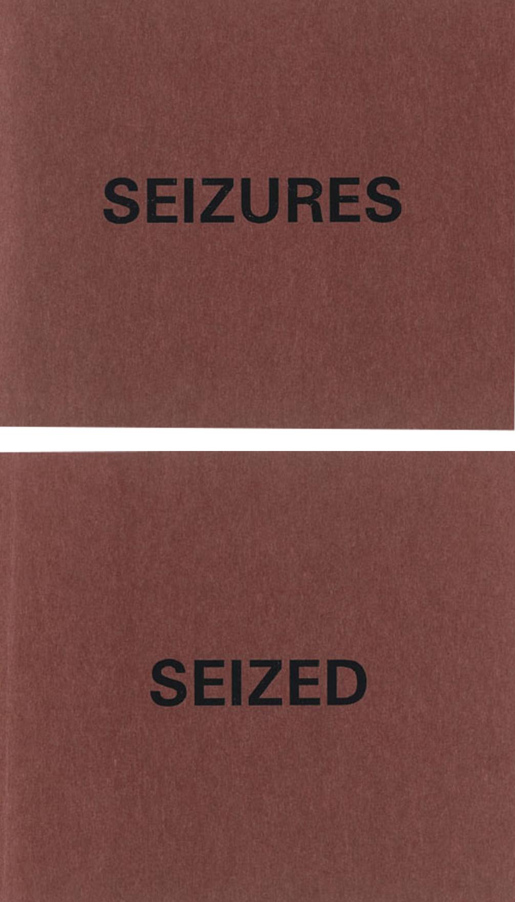 Two square burgundy-coloured books. The one on top reads SEIZURES, the one below, SEIZED.